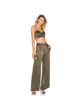 House of Harlow 1960 Olive Satin Wide-Leg Pants